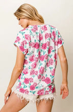 Rose Printed Poly Span T Shirt with Crochet Lace Trim Woman T Shirts