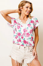 Rose Printed Poly Span T Shirt with Crochet Lace Trim