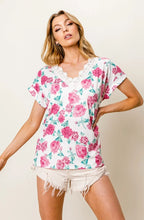 Rose Printed Poly Span T Shirt with Crochet Lace Trim