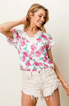Rose Printed Poly Span T Shirt with Crochet Lace Trim Woman T Shirts