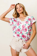 Rose Printed Poly Span T Shirt with Crochet Lace Trim