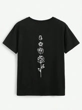 Black rose graphic on short sleeve round neck T-shirt