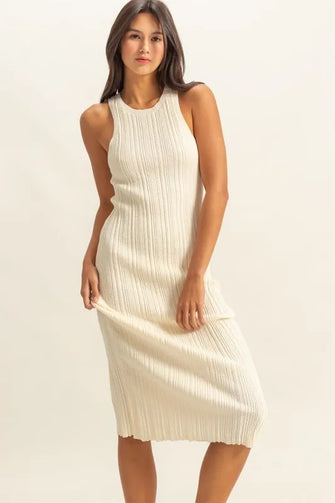 Cream Ribbed Knit Round Neck Bodycon Midi Dress WHITE