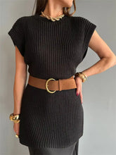 Black ribbed knit round neck cap sleeve sweater dress with tan leather belt