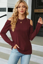 Women’s maroon ribbed knit round neck cold shoulder top