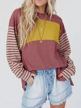 Round neck color block dropped shoulder T-shirt in rust, mustard, and stripes