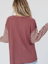 Round neck color block dropped shoulder T-shirt in reddish-brown with striped sleeves
