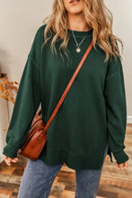 Dark green oversized round neck drop shoulder slit sweatshirt