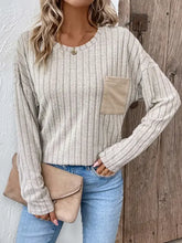 Light beige ribbed knit round neck dropped shoulder long-sleeve T-shirt with chest pocket