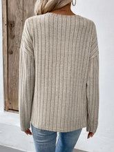 Beige ribbed knit long-sleeve round neck dropped shoulder sweater