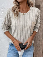Light grey ribbed knit round neck dropped shoulder long-sleeve T-shirt with chest pocket