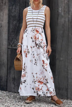 Round Neck Floral and Striped Maxi Dress Sleeveless A Line Floral Maxi Dresses