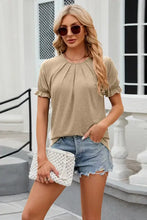 Tan round neck flounce sleeve T-shirt with short sleeve length