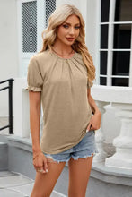 Light tan round neck flounce sleeve T-shirt with short sleeve length