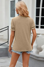 Tan-brown round neck flounce sleeve T-shirt with short sleeve length