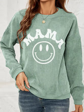 Round neck long sleeve sweatshirt with mama graphic and smiley face