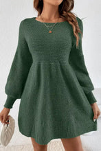 Cozy dark green Round Neck Long Sleeve Mini Dress with puffy sleeves