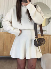 Brown leather Louis Vuitton Speedy 25 handbag with gold hardware on sweater dress