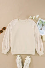 Cream round neck long sleeve sweatshirt with puffed lace sleeves