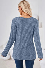 Blue ribbed knit long sleeve top for women round neck t-shirt