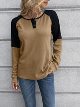 Womens Two Tone Long Sleeve Round Neck Henley Top Woman T Shirts