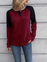 Womens Two Tone Long Sleeve Round Neck Henley Top