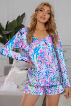 Vibrant floral-patterned round neck printed top with long sleeve length in pink blue and green for lounge wear