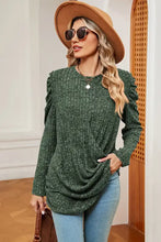Women’s dark green round neck puff sleeve knit top with ruched shoulders