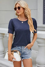 Navy blue round neck puff sleeve T-shirt with puffed sleeves and buttons