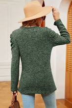 Dark green womens long-sleeve round neck puff sleeve ribbed knit top