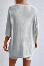 Light gray round neck ribbed knit tunic with three-quarter sleeves and matching shorts lounge set