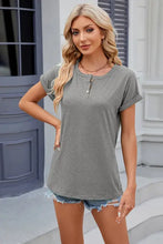 Gray round neck rolled short sleeve henley t-shirt for women