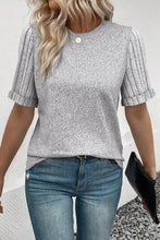 Heather grey round neck short sleeve T-shirt with ribbed puff sleeves