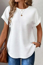 White round neck short sleeve waffle knit top with rounded hem