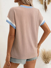 Round Neck Short Sleeve T Shirt with Striped Knit Blue Trim