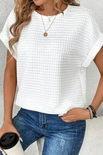 White waffle knit round neck short sleeve t-shirt with cuffed sleeves
