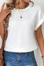 White round neck short sleeve waffle knit T-shirt with rolled sleeves