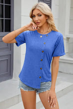 Round neck short sleeve royal blue t-shirt with asymmetrical button placket