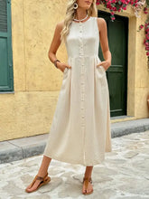 Round Neck Sleeveless Midi Dress Beige Casual Dresses