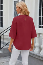 Women’s solid red round neck slit half sleeve blouse with keyhole back
