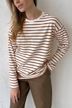 Women’s round neck striped dropped shoulder t-shirt in white and brown