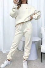 Round Neck Sweatshirt and Joggers Set in cream cotton with red heart embroidery