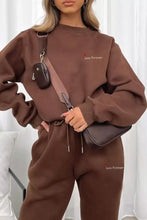 Brown love forever embroidered round neck sweatshirt and joggers set