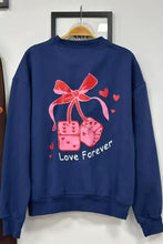 Navy blue Round Neck Sweatshirt with pink bow, dice graphic and love forever text