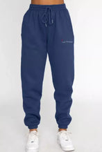 Navy blue cotton joggers with love forever embroidery on thigh