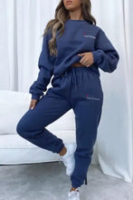 Navy blue love forever embroidered round neck sweatshirt and joggers set