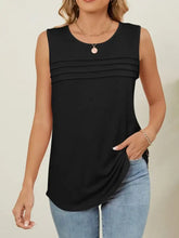 Black sleeveless round neck tank with horizontal pleats across the chest for a stylish and comfortable fit