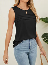 Black sleeveless round neck tank with horizontal pleats across the chest for a stylish casual look