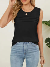 Black sleeveless round neck tank with horizontal pleats across the chest for a stylish casual look