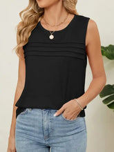 Black sleeveless round neck tank featuring horizontal pleats across the chest for a stylish neck tank look
